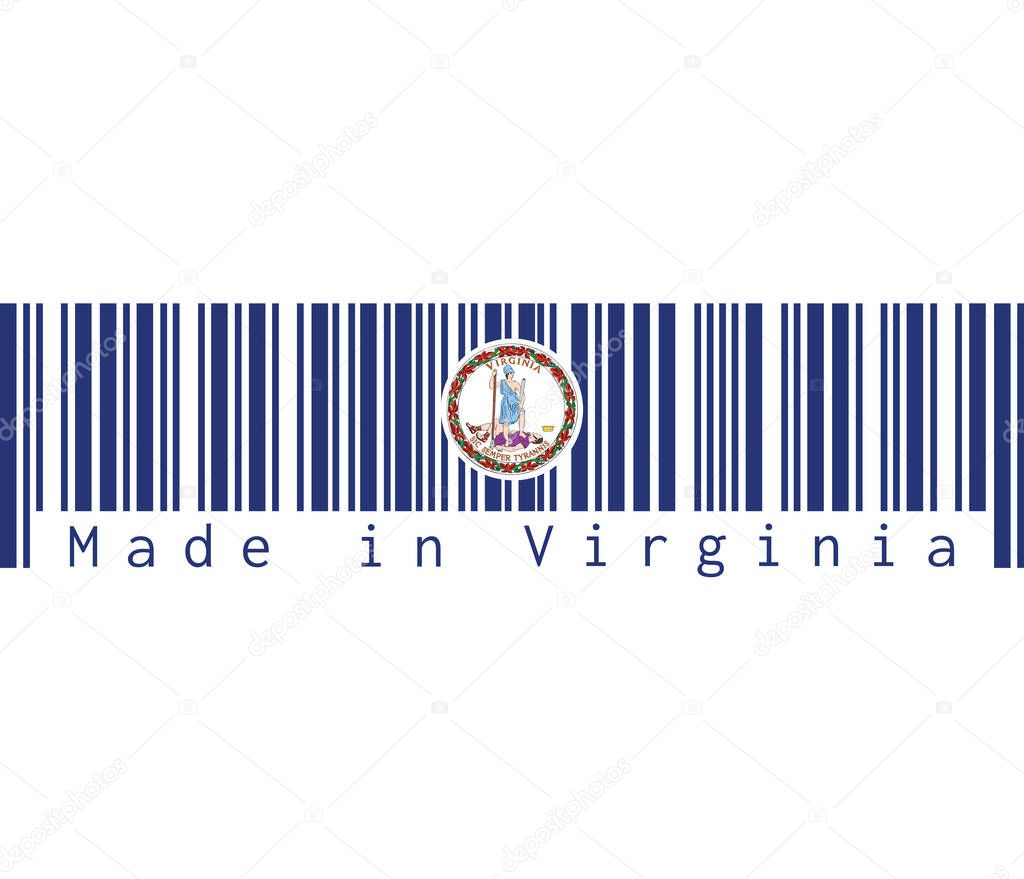 Barcode set the color of Virginia flag. Obverse of the Seal of Virginia on an azure field. text: Made in Virginia. Concept of sale or business.