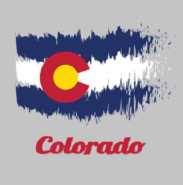 Colorado 'nun fırça stili renkli bayrağı, üç yatay mavi, beyaz ve mavi şerit. Bu çizgilerin üzerinde, altın bir diskle dolu dairesel kırmızı bir 