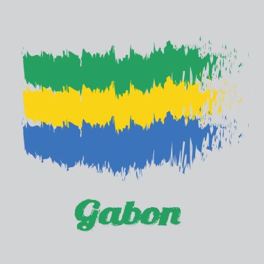 Gabon 'un fırça stili renkli bayrağı yeşil, altın ve mavinin yatay üçlüsü. isim metniyle Gabon.