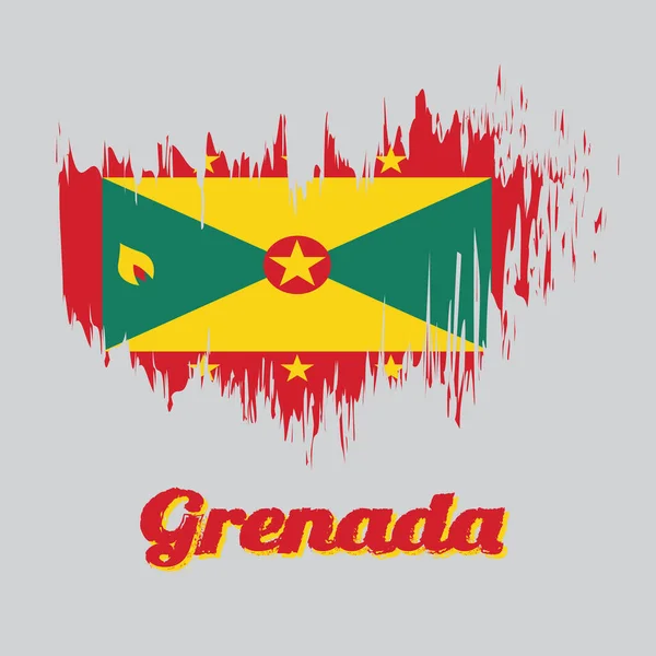 格林纳达的刷子风格的彩旗 红色的边框与六颗金星 金色和绿色的三角形与红色圆盘 名名名文 — 图库矢量图片