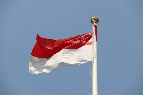 Nationell Flagga Singapore Klarblå Himmel Bakgrund Blåst Vinden Singapore Tio — Stockfoto