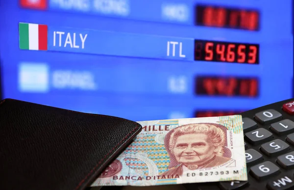 Tusen Lire Italien Sedel Med Svart Plånbok Miniräknaren Med Digital — Stockfoto