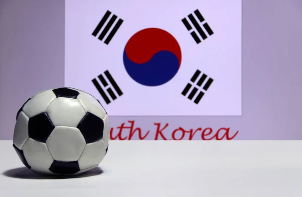 Pequeño Fútbol Piso Blanco Bandera Nación Surcoreana Con Texto Fondo — Foto de Stock