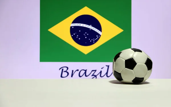 Small Football White Floor Brazilian Nation Flag Text Brazil Background — Stock Photo, Image