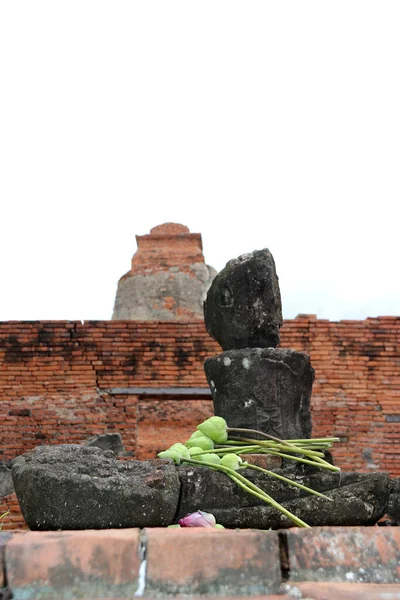 Incompleto Pedra Antiga Buda Com Flor Lótus Colo Nas Ruínas — Fotografia de Stock