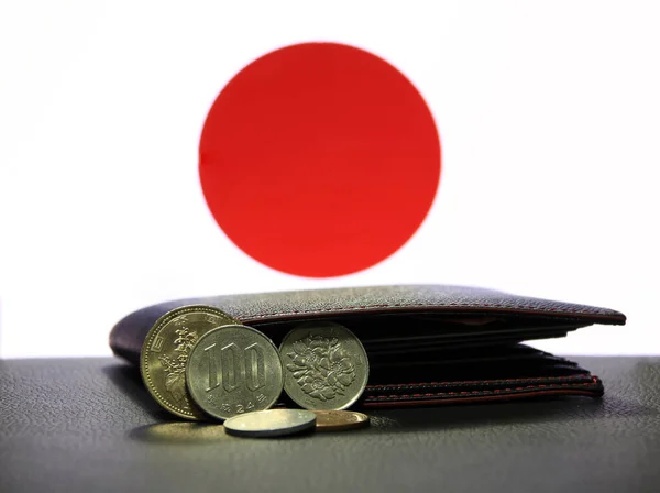Siyah Cüzdan Bayraklı Siyah Zemin Üzerinde Japon Yen Paraları Jpy — Stok fotoğraf