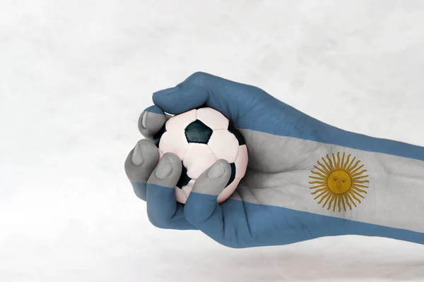 Mini Ball Football Argentina Flag Painted Hand White Background Concept — Stock Photo, Image