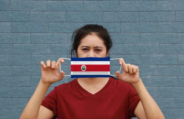 Woman Hygienic Mask Costa Rica Flag Pattern Her Hand Raises — Stock Photo, Image