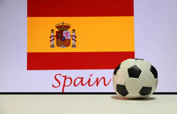 Pequeño Fútbol Suelo Blanco Bandera Nacional Española Con Texto Fondo — Foto de Stock