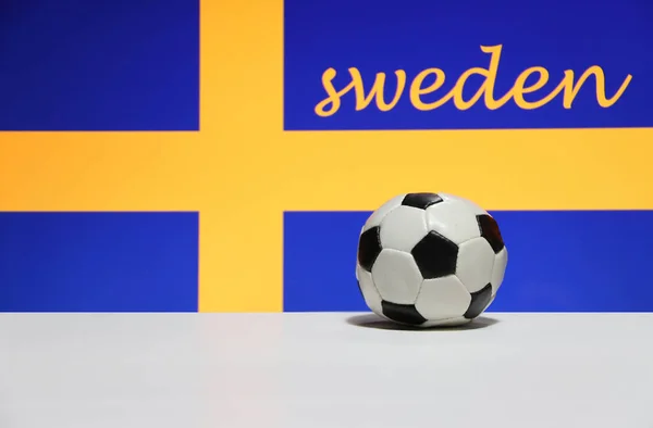 Pequeno Futebol Piso Branco Bandeira Nação Sueca Com Texto Fundo — Fotografia de Stock