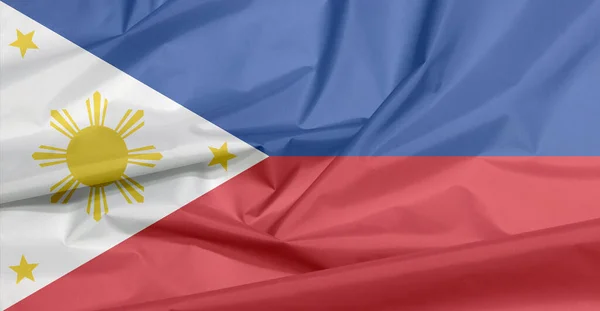 フィリピンの生地の旗 水平方向の青と赤のフィリピンの旗の背景の増加 ホイストに基づく白い四角形 頂点の金の星 中央の金の太陽 — ストック写真