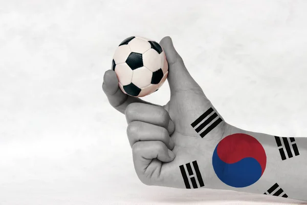 Mini Pelota Fútbol Corea Del Sur Bandera Pintada Mano Sostenerlo — Foto de Stock