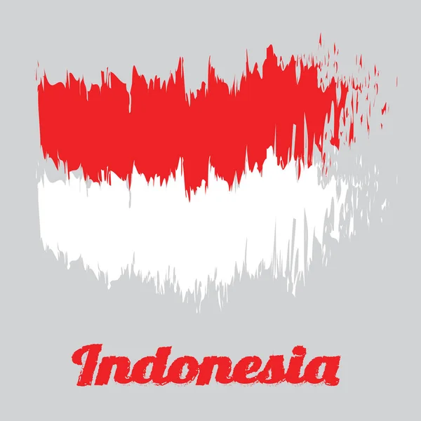 インドネシアのブラシスタイルの色旗 名前テキストインドネシアと赤と白の水平方向の色 — ストックベクタ