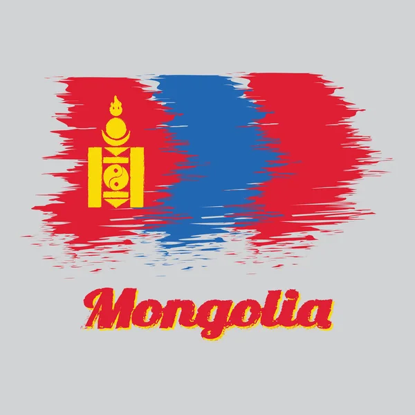 赤バンドのホイスト側を中心にソヨンボのシンボルでモンゴル 赤と青のブラシスタイルのカラーフラグ モンゴル語のテキストで — ストックベクタ
