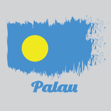 Palau 'nun fırça rengi bayrağı, açık mavi bir alan, büyük sarı diski hafifçe merkezin kenarına kaydırılmış. Palau metni ile.