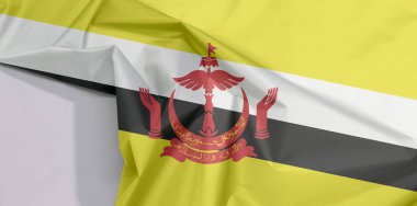 Brunei Darussalam kumaş krep ve beyaz alan ile kat kat, sarı alanda kırmızı ibikli siyah ve beyaz köşegen çizgiler.