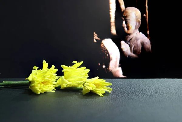 Trzy Żółte Kwiat Mniszka Lekarskiego Umieścić Podłodze Nieostrym Tle Posągu — Zdjęcie stockowe