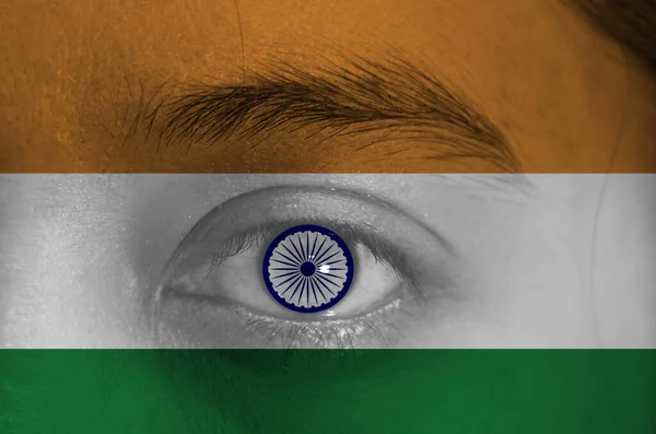 Human Face Painted Indian Flag Ashoka Chakra Wheel Center Eye — Stock Photo, Image