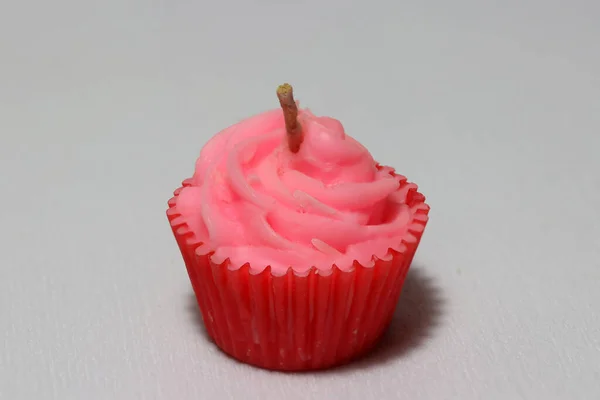 Vela Rosa Forma Cupcake Colocar Fundo Cinza Claro Uma Cera — Fotografia de Stock