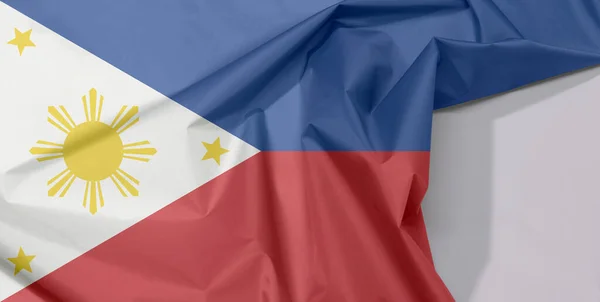 フィリピンの国旗のクレープと白い空間 水平方向の青と赤で増加し ホイストに基づいて白い四角形 頂点に金の星 中央に金の太陽 — ストック写真