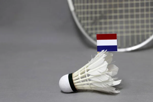 Mini Netherlands Flag Stick White Shuttlecock Grey Background Out Focus — Stock Photo, Image