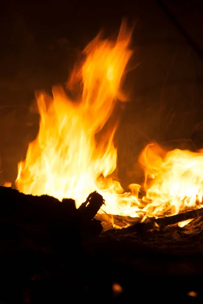 火の炎 夜に木の燃える棒 火の上で何かによって生成される点火されたガスの熱い輝くボディです — ストック写真