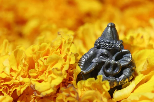 Mini Ganesha Feito Latão Entre Flor Calêndula Amarela Filho Uma — Fotografia de Stock