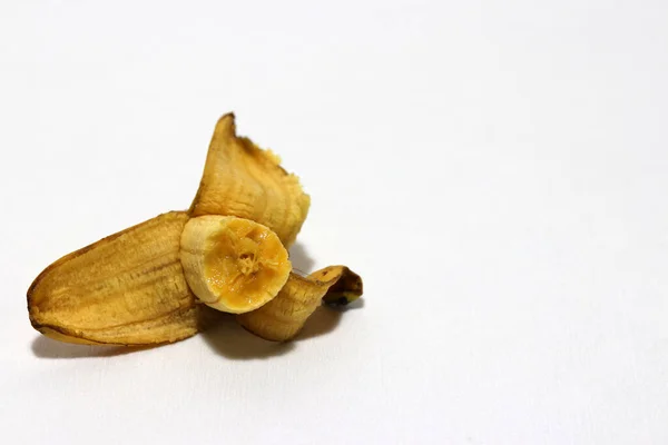 Banană Pisang Mas Decojită Mâncată Izolată Fundalul Alb Banane Aurii — Fotografie, imagine de stoc