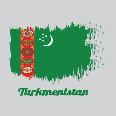Türkmenistan 'ın fırça stili renk bayrağı, iki çapraz zeytin dalı üzerine istiflenmiş beş halı boğazı içeren kırmızı şeritli yeşil alan; hilal ve yazılı Türkmenistan yıldızları.