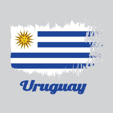 Uruguay 'ın fırça stili renk bayrağı, beyaz yatay şeritler açık mavi ile alternatif ve Uruguay' ın yazı ile Mayıs Güneşi.
