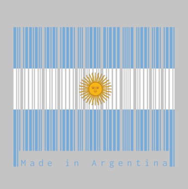 Barkod Arjantin bayrağının rengini belirledi, mavi ve beyaz, Mayıs ayının güneşiyle birlikte siyah arka planda: Arjantin yapımı. satış ya da iş konsepti.