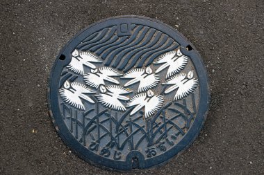 Himeji, Hyogo, Kansai, Japonya 19 Kasım 2017: Japon Rögar Deliğinin Güzellik deseni kaldırımda uçan beyaz kuşların grafiği.