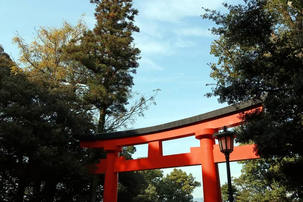 一个环形山和蓝天背景的树 它是一种传统的日本大门 最常见的是在它的入口处 象征着从世俗向神圣的过渡 — 图库照片