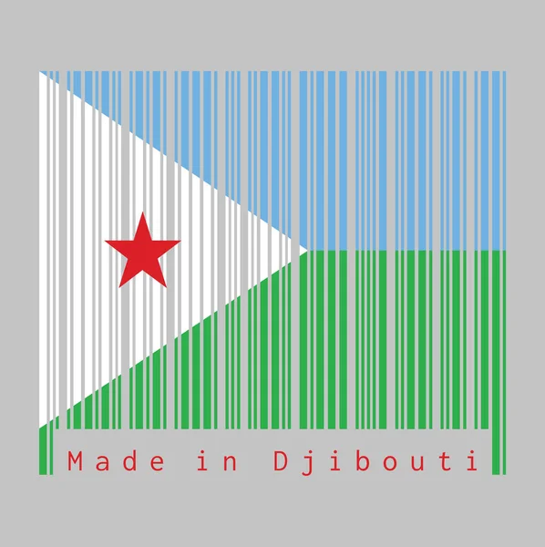 条形码设置了吉布提国旗的颜色 水平浅蓝色和浅绿色 悬臂上有一个白色三角形 上面有一颗红星 吉布提制造 销售或商业概念 — 图库矢量图片