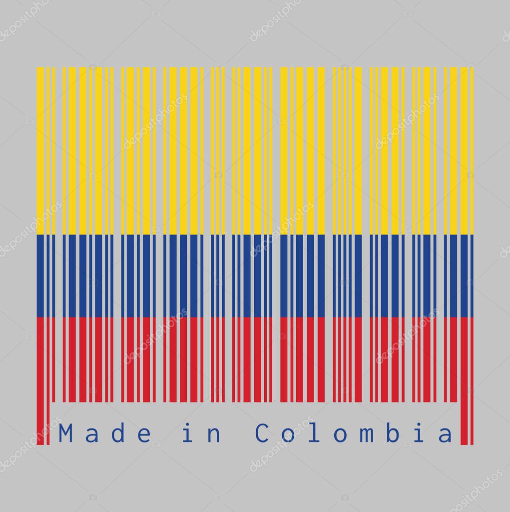 Barcode set the color of Colombia flag, tricolor of yellow blue and red on white background, text: Made in Colombia. concept of sale or business.