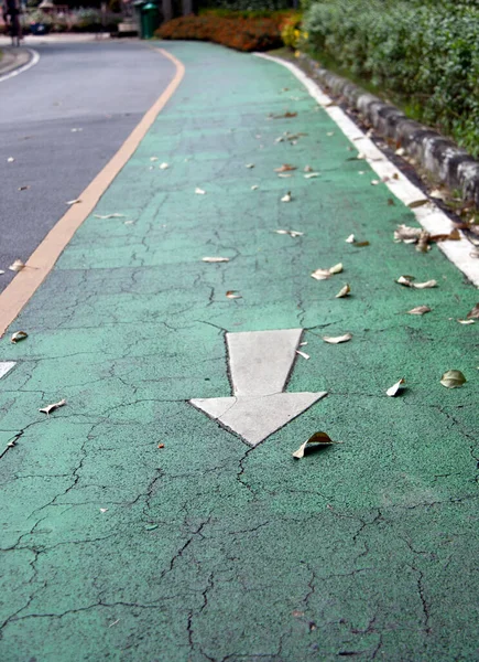 绿色自行车道上的白色箭头画 它是用漆线标出的道路的一个分岔 供骑自行车的人使用 — 图库照片