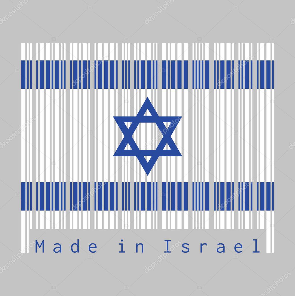 Barcode set the color of Israel flag, blue hexagram on a white background, between two blue stripes. text: Made in Israel. concept of sale or business.