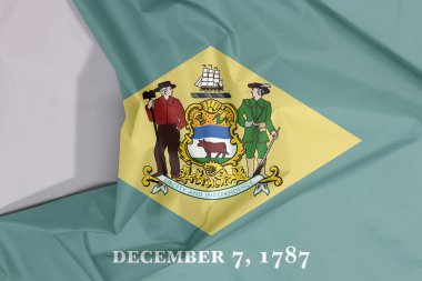 Delaware kumaş krep ve beyaz alan ile kırışıyor, Amerika devletleri. Yeşil üzerine sarı elmas şekilli, devletin arması ve tarihi 7 Aralık 1787..