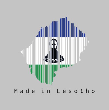 Barkod, Lesotho haritasının ana hatlarını ve Lesotho bayrağının rengini gri arka planda belirledi, metin: Lesotho 'da yapıldı. satış ya da iş konsepti.