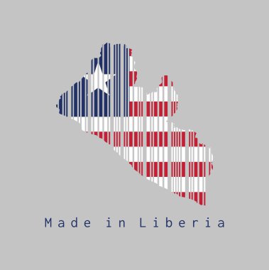 Barkod, Liberya haritasının ana hatlarını ve Liberya bayrağının rengini gri arka planda belirledi, metin: Liberya 'da yapıldı. satış ya da iş konsepti.