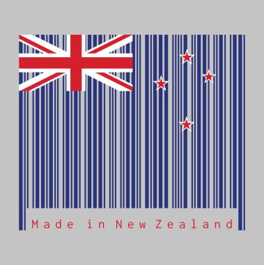 Barkod Yeni Zelanda bayrağının rengini belirledi, bayrağın dış yarısına odaklanmış dört yıldızlı bir Mavi Haçlı asteğmen. Metin: Yeni Zelanda yapımı. satış ya da iş konsepti.