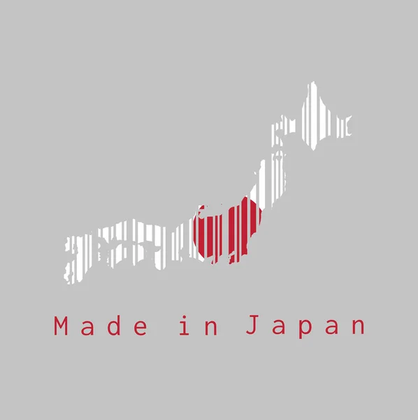 バーコードは形状を日本地図のアウトラインとグレーの背景に日本の国旗の色 テキスト 日本製 販売又は事業の概念 — ストックベクタ