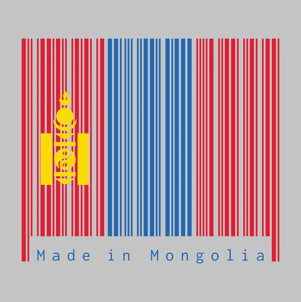 バーコードは モンゴルの旗 赤と青の色を赤バンドのホイスト側を中心にソヨンボのシンボルで設定します モンゴル製 販売又は事業の概念 — ストックベクタ