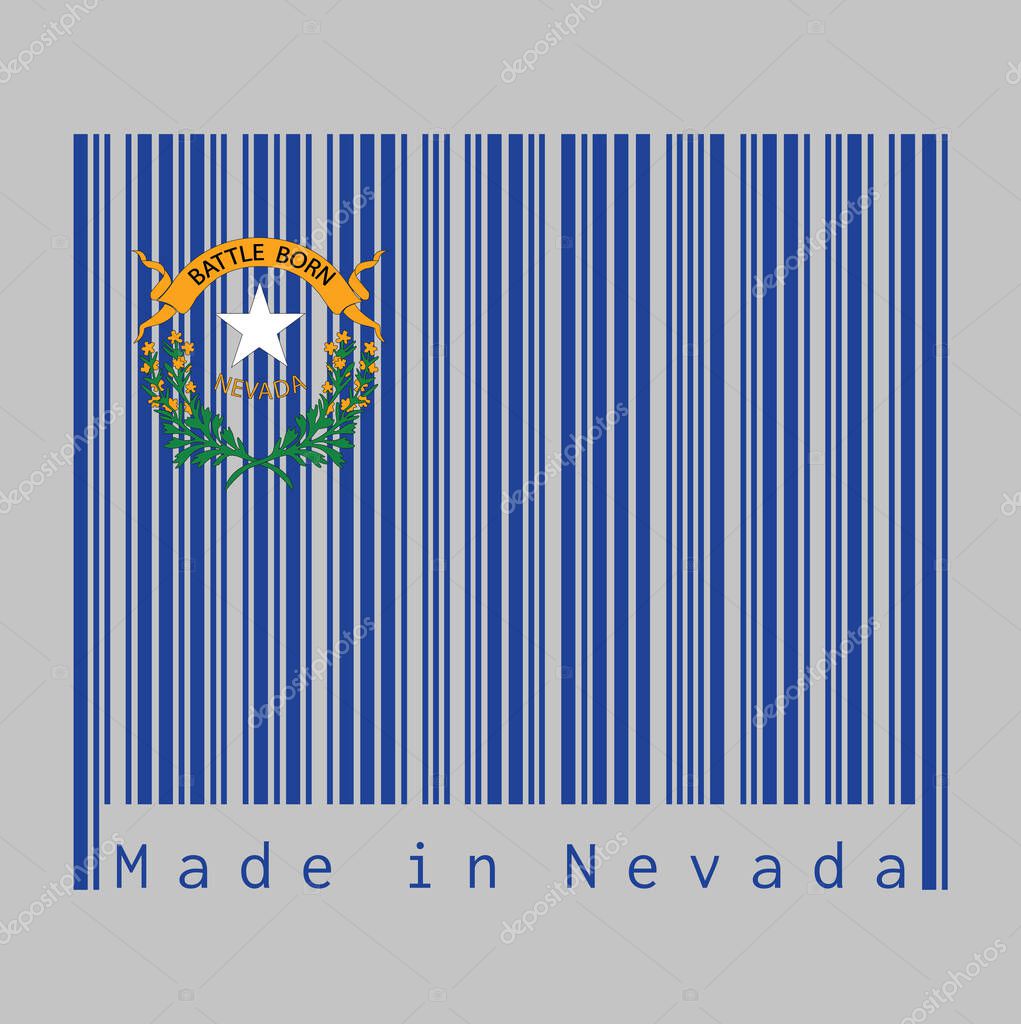 Barcode set the color of Nevada flag, Solid cobalt blue field and coats of arm on the canton, text: Made in Nevada. The states of America, concept of sale or business.