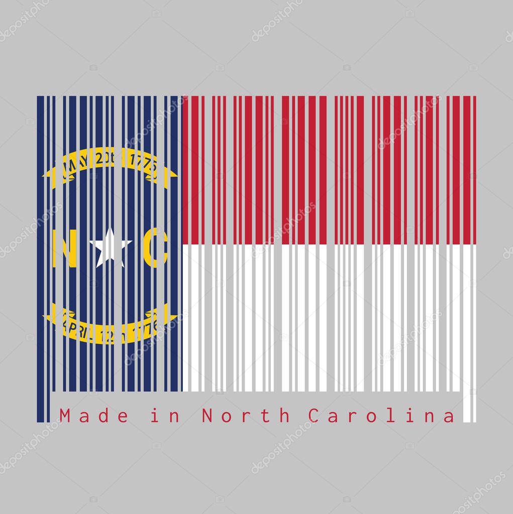 Barcode set the color of North Carolina flag, A blue union, a white star with N and C, the circle containing the same to be one-third the width of the union. text: Made in North Carolina.