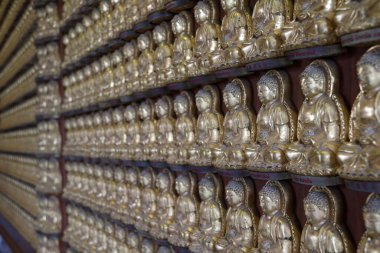 Nonthaburi, Tayland 10 Temmuz 2017 Boromracha Kanchanapisek Anusorn tapınağındaki on bin Buda tapınağının tüm duvarları..