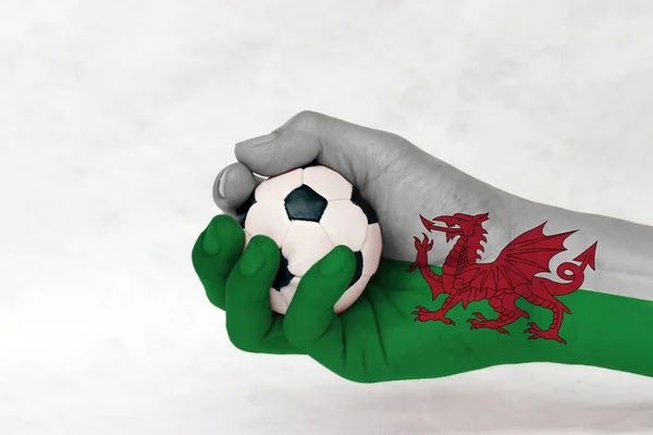 Мини Мяч Флагом Уэльса Нарисовал Руку Белом Фоне Концепция Спорта — стоковое фото