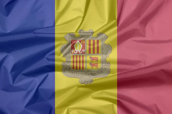 Vinco Fundo Bandeira Tecido Andorra Tricolor Vertical Azul Amarelo Vermelho — Fotografia de Stock