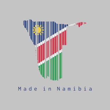 Barkod, Namibya haritasının ana hatlarını ve Namibya bayrağının rengini gri arka planda belirledi, metin: Namibya yapımı. satış ya da iş konsepti.
