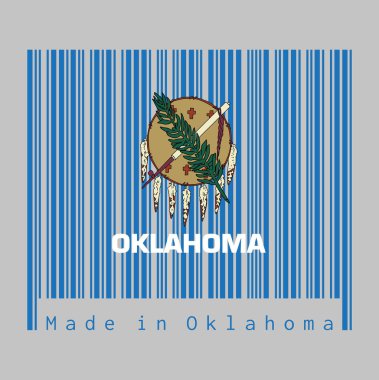 Barkod Oklahoma bayrağının rengini belirledi, Bufalo derisi kalkan ve gökyüzü mavisi bir tarlada yedi kartal tüyü. Oklahoma 'da yapılmış. satış ya da iş konsepti.